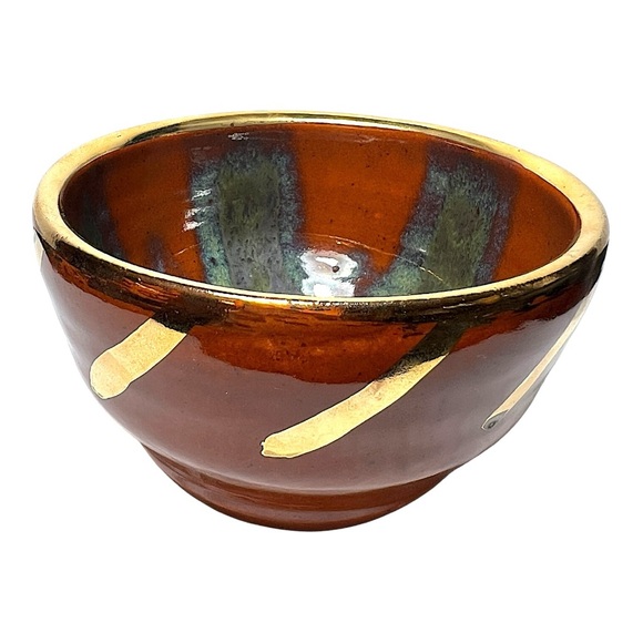 Stoneware Pottery Bowl with Genuine 18k Gold Trim in Rust & Olive Layered Glazes - Picture 8 of 13